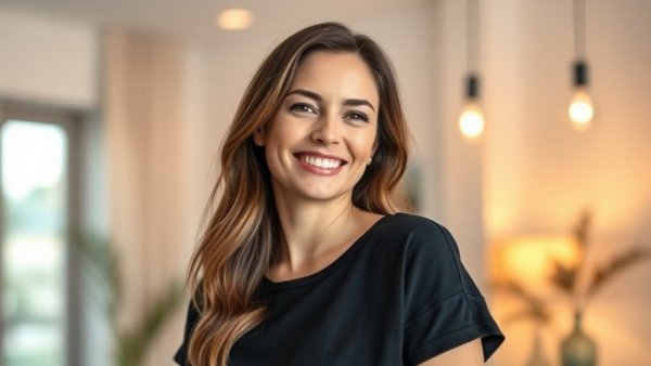 Smiling woman in modern home, DIY home transformation, warm lighting