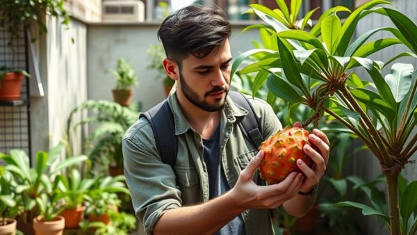 Man harvesting dragon fruit in a compact urban garden