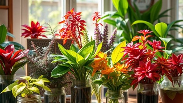 Beautiful houseplants growing in water jars indoors, cozy setting.