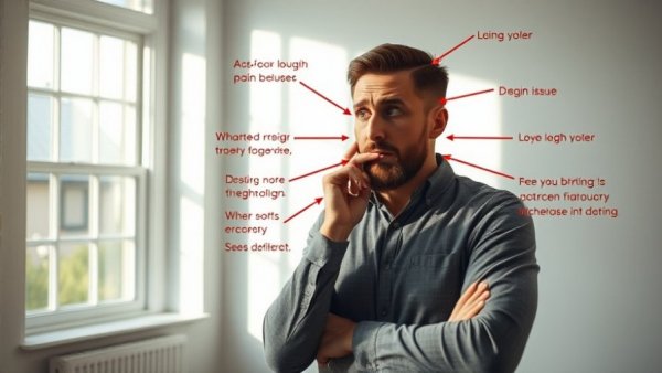 Fixing common design mistakes concept with confused individual in room.