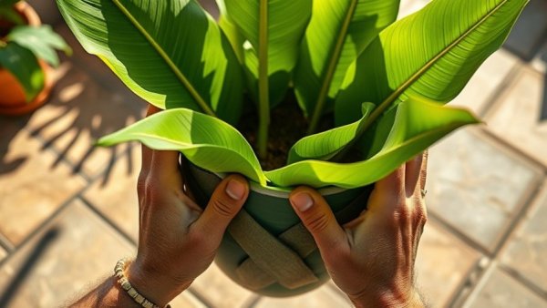 Crafting banana leaf pots for urban gardening in a natural setting.