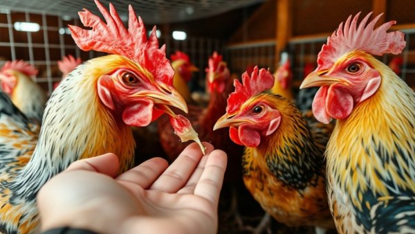 Chickens eating from a hand in a small homestead setting