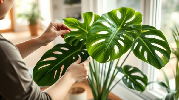 Tips for Growing Bigger Monstera - person tending Monstera plant.