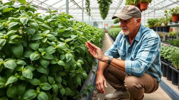 Man explaining benefits of pruning basil in greenhouse.