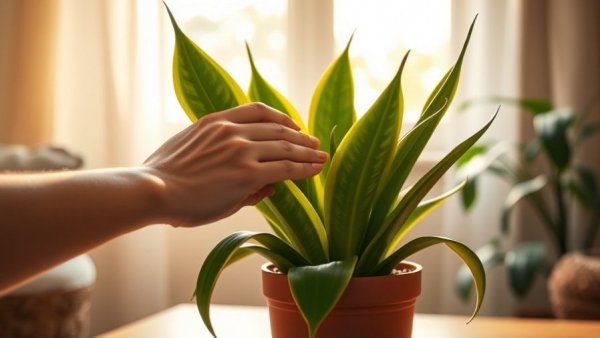 Snake plant care in May with gentle leaf cleaning.