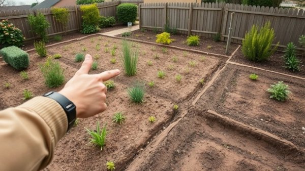 Hand pointing to reuse shower water for gardening in a backyard.