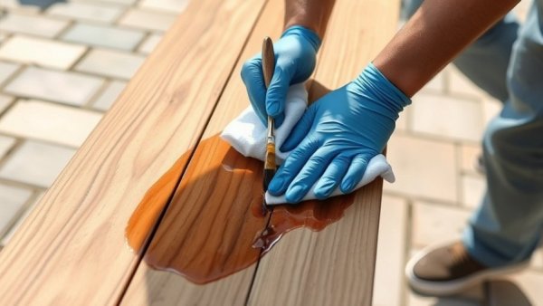 Close-up of DIY teak wood staining with hands and cloth.