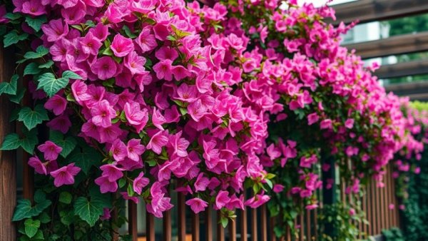 Flowering vines adorning urban garden fences with pink and purple blooms.