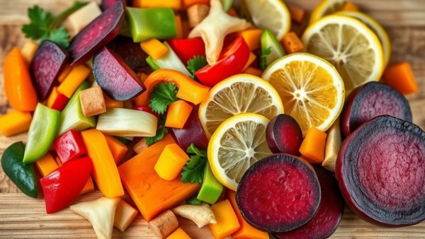 Food Scrap Gardening Hacks: various colorful scraps on a wooden board.