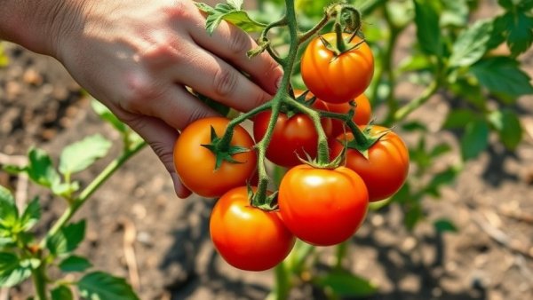 Hands inspecting tomatoes in a small space garden, vivid greenery.