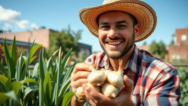 Young man harvesting garlic in small urban garden.