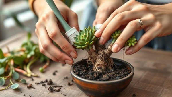 Close-up of succulent root care during repotting.