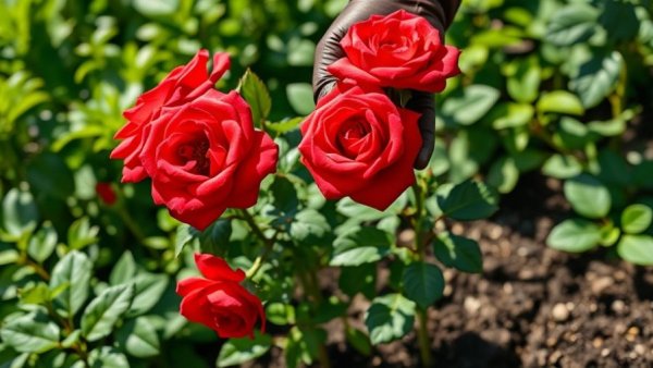 Gardener tending red roses, using these tips to make them bloom vibrantly.