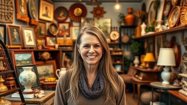 Friendly woman in a thrift store with vintage decor items.