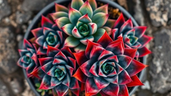 Red succulents for balcony gardening, vibrant and detailed.