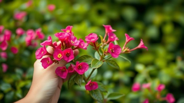 Bougainvillea care tips in action, hand fertilizing plant.