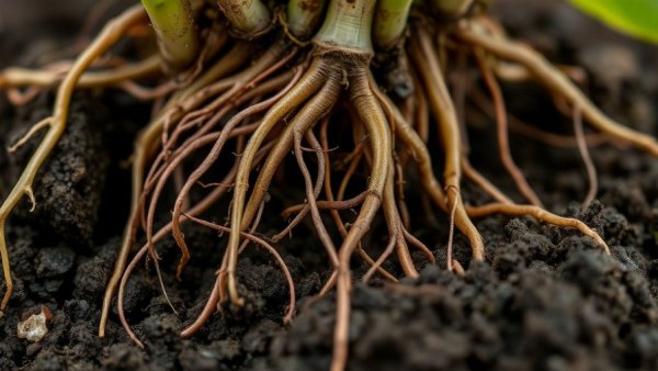 Slightly root bound plant roots with soil, macro view.