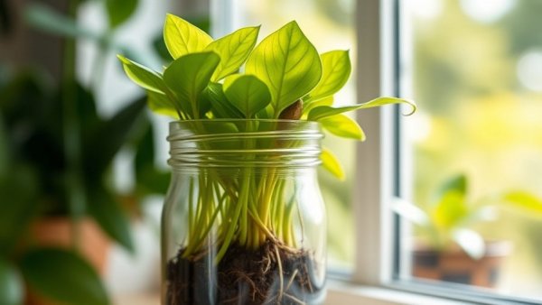 Pothos cuttings not rooting in a glass jar by a window.