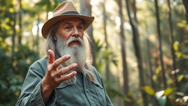 Man explaining how to grow moringa in small spaces in a forest setting.