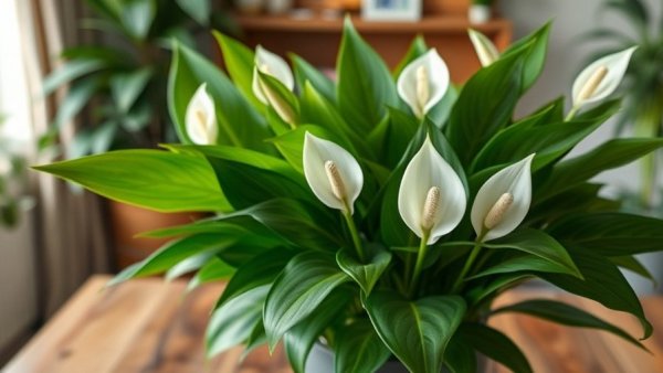 Lush peace lily plant with white blooms thriving indoors on a wooden table.