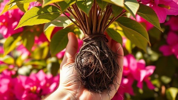 Hand holding bougainvillea with roots, blooming tips.