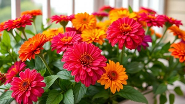 Blooming zinnias in balcony garden, vibrant colors