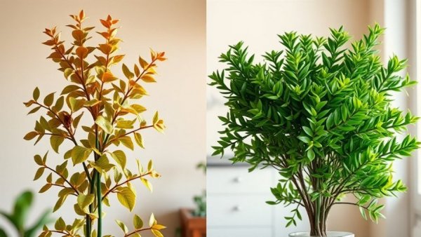 Comparison of unhealthy and healthy jade plant in an indoor setting.