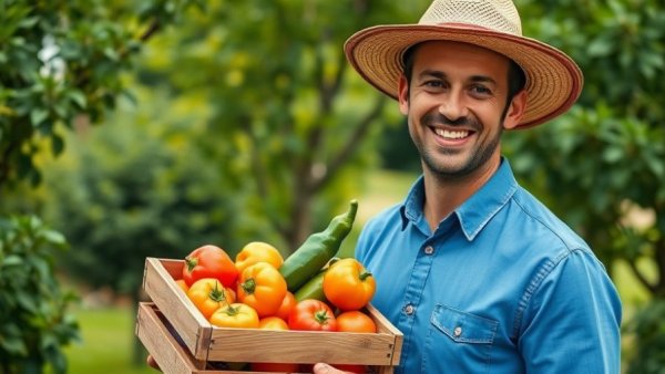 Man in straw hat holding fresh produce in garden for small space gardening
