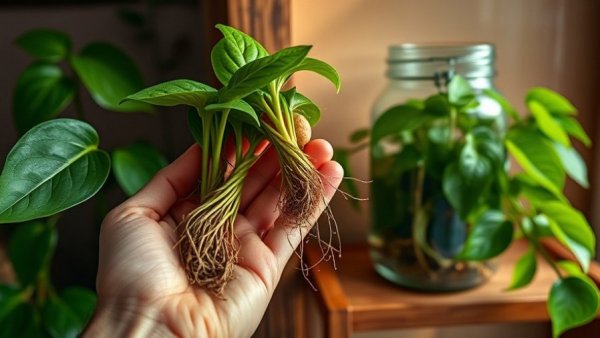 Pothos cuttings not rooting with jar and plant on shelf.