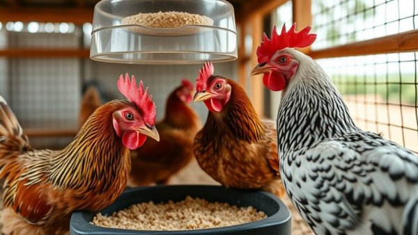 Chickens feeding at a modern feeder in a coop.