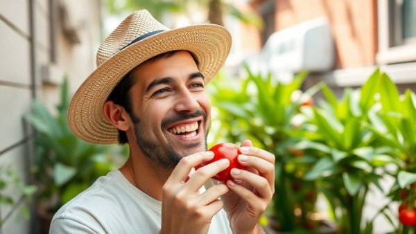 Man enjoying urban gardening in small spaces with fresh produce.