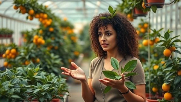 Woman discussing growing citrus in Vancouver greenhouse