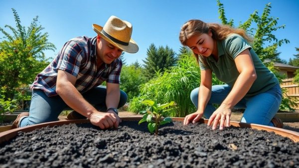 Gardeners working to reset a raised bed garden, lush setting