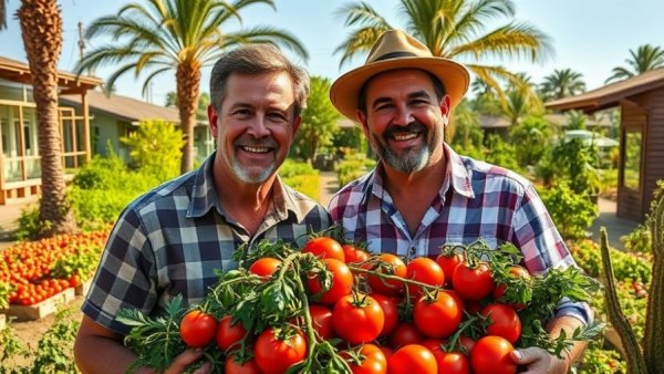 Small Space Gardening: Men with tomato harvest in vibrant garden.