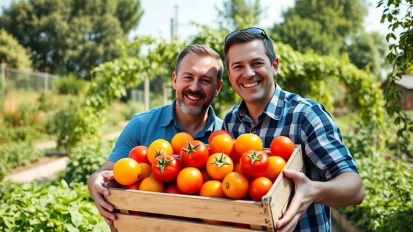 Gardeners with tomato harvest, showcasing edible garden ideas for small spaces.