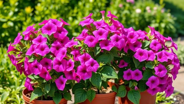 Three flowering vines in containers with vibrant blooms