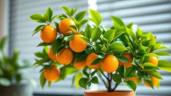 Growing citrus in containers, vibrant plant with ripe fruit indoors.