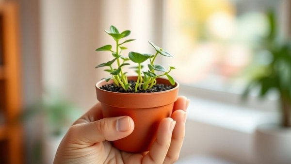 Bushy indoor plant with baby plantlets in a hand, make houseplants bushier