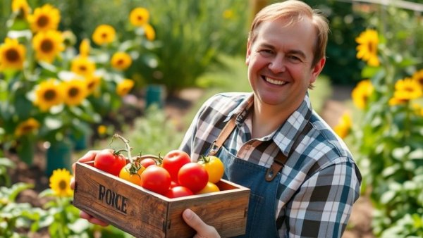 Gardener showing tomato harvest in small sunny garden space.