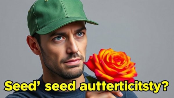 Man skeptical about buying seeds online, looking at a colorful rose.