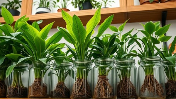 Houseplants thriving in jars of water with visible roots.
