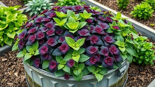 Thriving late summer garden with lush plants in a planter