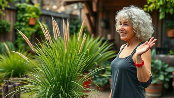 Enthusiastic woman with ornamental grasses in a Vancouver garden.
