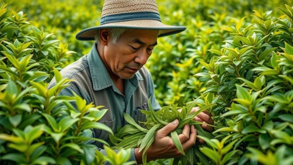 Production of Japanese Green Tea; farmer harvesting green tea leaves.