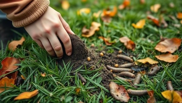 Inspecting grass for lawn grubs beneath sod in autumn.