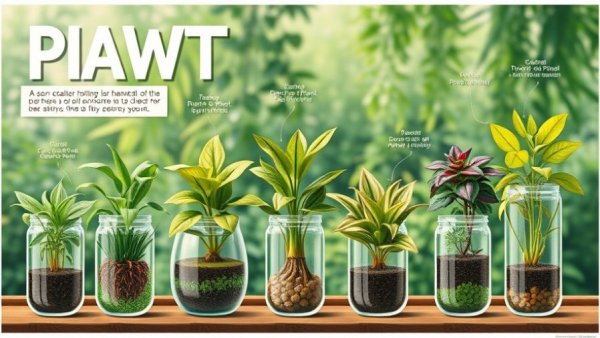 Vibrant poster of plants growing in water jars, highlighting soil-free growth.