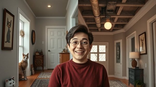 Comparison of cat-themed hallway design vs unfinished ceiling in home setup.