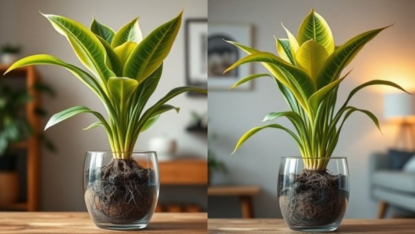 Snake Plant Care Problems shown with healthy and unhealthy roots.