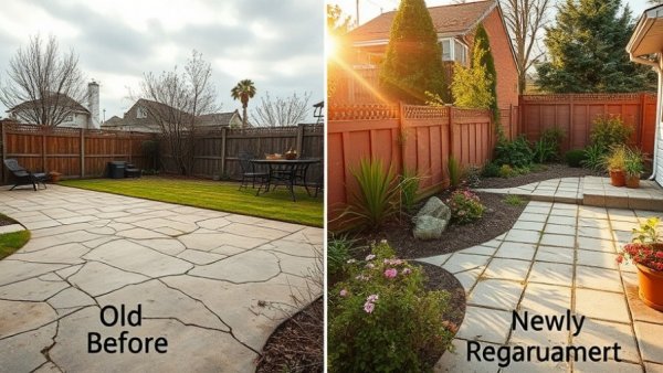 Comparison of old patio needs regrouting and newly regrouted patio