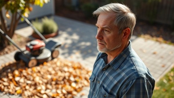 Ways to Make Compost Faster: Man with lawnmower and leaves.
